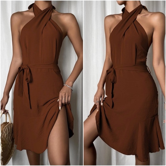 Bellanblue Dresses & Skirts - Mocha Brown Twist Halter Ruffle Midi Dress Belted